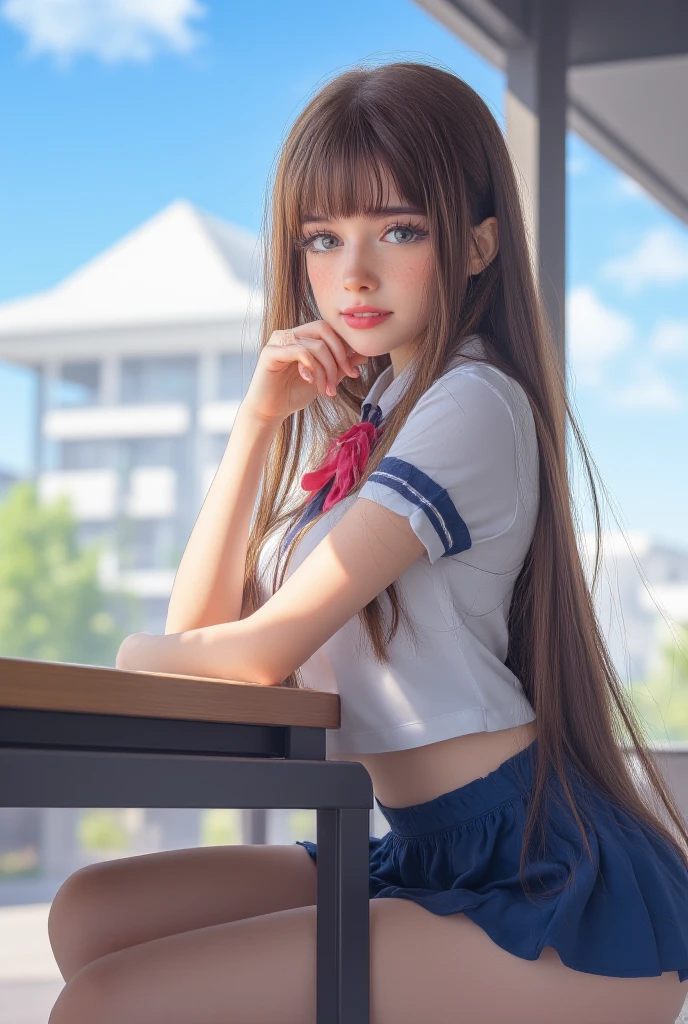 ((masterpiece、top-quality))、Low exposure、Sit in front of the camera、Frontal shot、独奏、one girls、stairs at school、Classroom、sit in、M-shaped legs、Sit with your legs open、I can see my panties、Perfect body、Young Face、young body、Short stature、face perfect、Cute and beautiful face、Cute and beautiful girl、Elaborate and detailed faces、Beautiful hair、A dark-haired、(poneyTail:1.4)、Long hair that reaches to the waist、japanes、18year old、Dressing、(校服:2)、(student clothes:1.5)、White and black sailor suit、a sailor suit、Detailed and elaborate costumes、pleatedskirt、a miniskirt、knee high socks、A black、(garterbelts:1.1)、high-heels、hi-school girl、(A smile:1.3)、Lightly open lips、Moist eyes、wide Shots、full-shot、constricted hips、thin-waist、Skinny Legs、thick thight、Huge ass、perfect buttocks、perfect chest、Bust with tension、Bust sticking to costume、E-Cup bust、