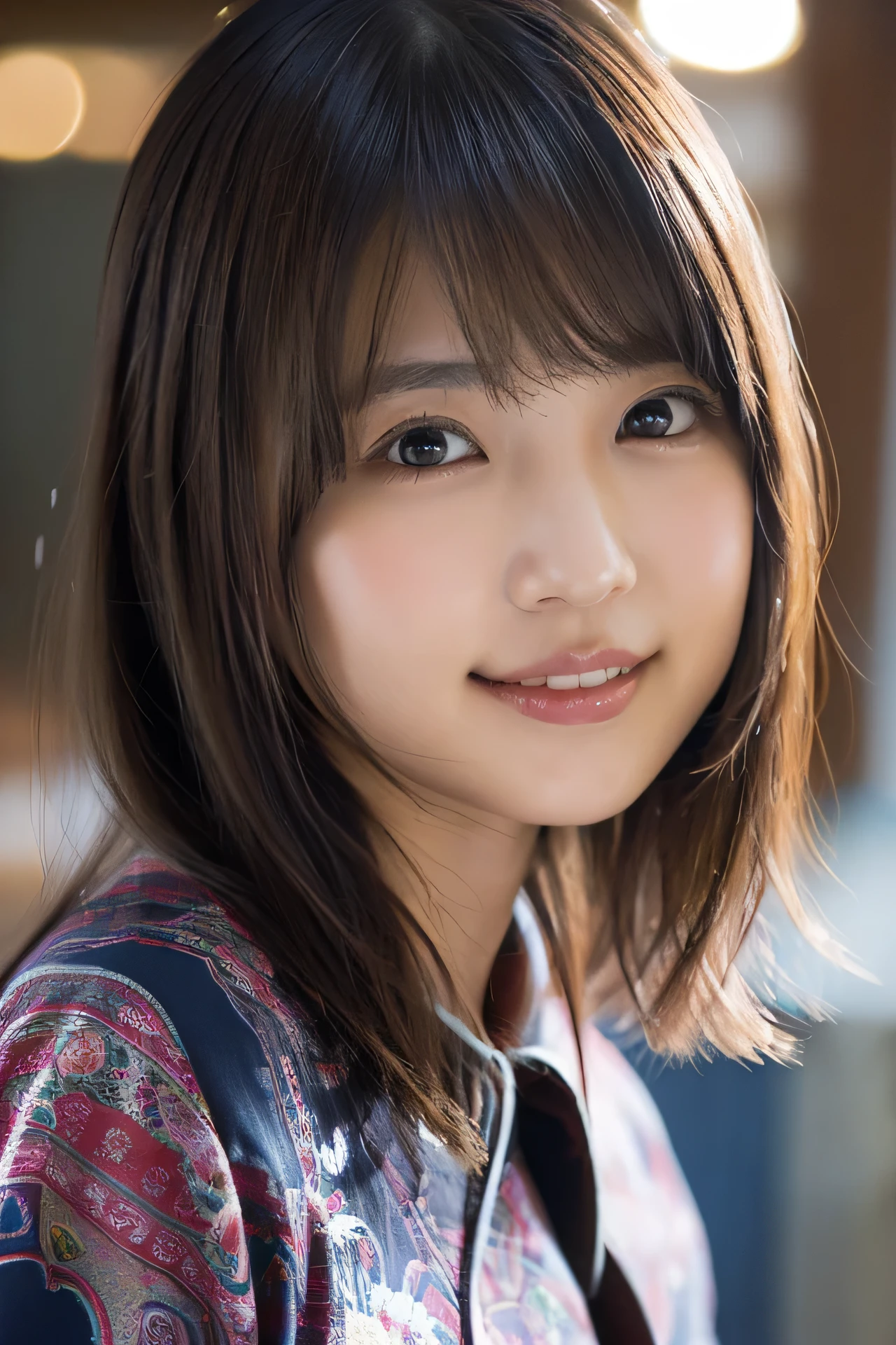 masutepiece, Best Quality, 8K, ers old, , Raw photo, absurderes, award winning portrait, Smile, Solo, Idol face, violaceaess, Delicate girl, Upper body, Digital SLR, Looking at Viewer, Candid, Sophisticated,Thin arms, Professional Lighting, Film grain, chromatic abberation, (Eyes and faces with detailed:1.0), (Bokeh:1.1) , (Ruffled swimwear:1.1) , closes mouth , swimming pools , ((short-hair)),