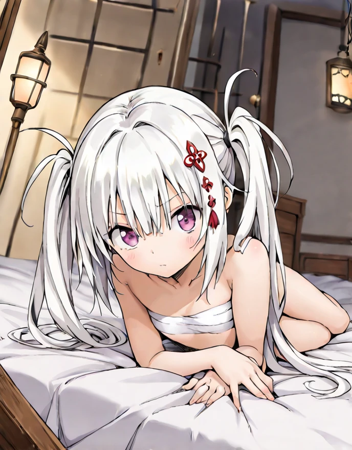 Anime Girls, (masterpiece, highest quality, 8K ultra-high resolution:1.4), beautiful detailed eyes, ultra-detailed, cowboy shot, (animal pose)
asanagi style, mesugaki, pale skin, ((dark skin, tan)), red eye, red eyeshadow, (silver fox ear), (silver fox tails), Wicked Smile, evil grin, red cheek line,
twin tails, white Hair, Hair ribbon bell, bimbo, ((dim body)), flat_chest,
((complete naked)), pussy line,
looking at viewer, lewd, cute, big eyes, ero, ecchi, nipples, ((pussy line)),
Score_9,Score_8,score_7_up,source_anime, rating_questionable,