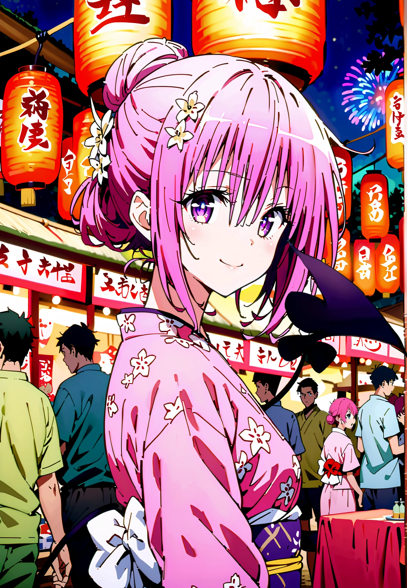 Momo Devil, Momo Deviluke, solo,Demon Tail, hair flower, hair ornament, purple eyes, Picnic, smile,cover,close your mouth,side lock,single bun hair,Nape,Medium breast,Pink floral kimono,standing,Red Lantern,Japanese stalls ,Light up fireworks,night,crowd,full bodyがillustrationsに入るように,break outdoors, Japanese Festival,
break looking at viewer,full body,
break (masterpiece:1.2), Best Quality, high resolution, Unity 8k 壁紙, (illustrations:0.8), (beautiful detailed eyes:1.6), extremely detailed face, so that it fits into the illustration, Extremely Detailed CG, (perfect hand, Perfect Anatomy),