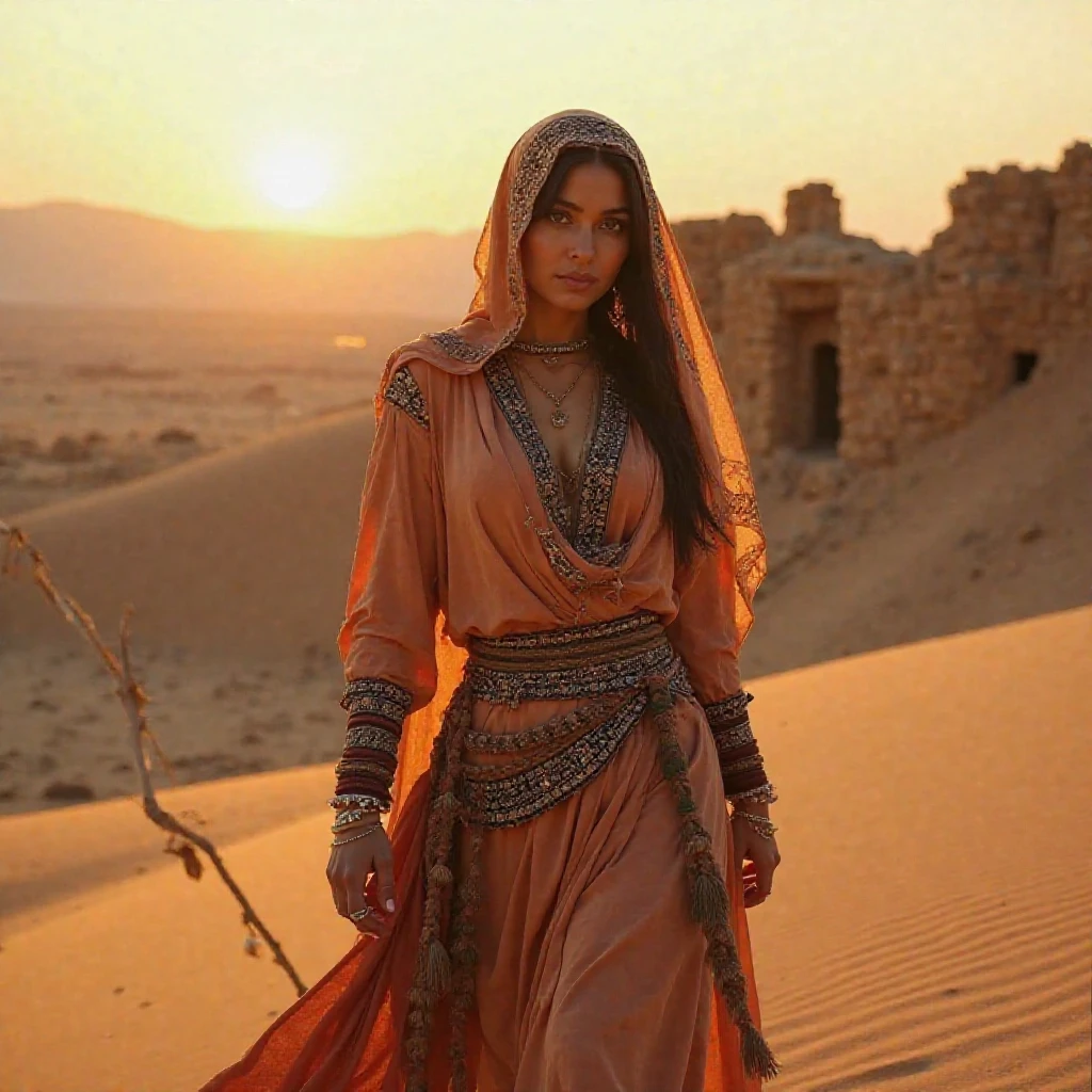 (masterpiece:1.2), (best quality,:1.2), 8k, HDR, ultra detailed, ((photorealistic)), professional light, cinematic lighting, fashion photography, ambient lighting, atmospheric effects, Bridgette, <lora:Bridgette-10:1>, earrings, dark makeup, long and messy hair, ((cowboy shot)), <lora:detail_slider_v4:3>, in a sandy fantasy desert, wearing intricate arabian armor, arabarmor, <lora:ARWArabArmor:1>, FanDe, <lora:FantasyDesert-10:1>, epiCPhoto