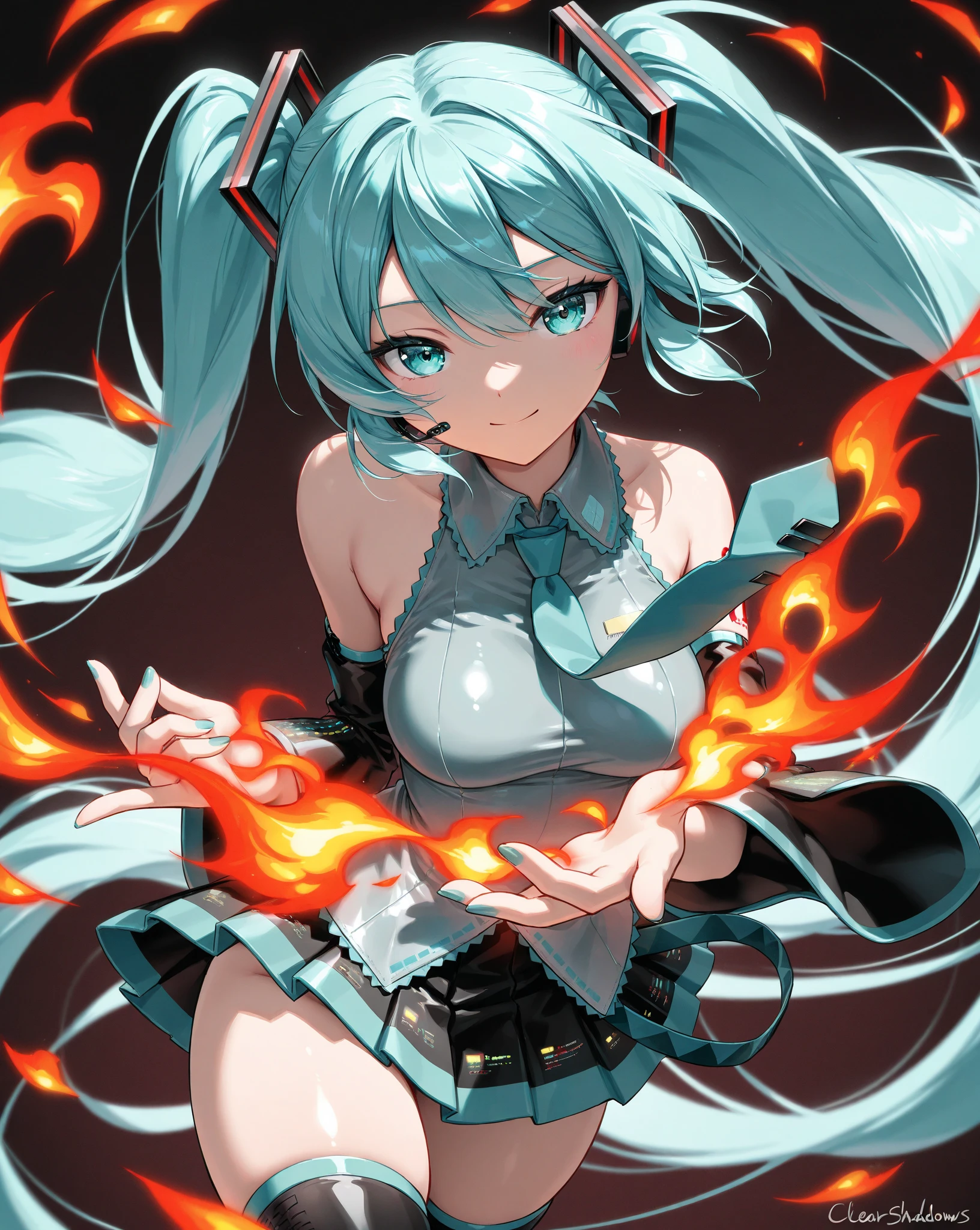 Hatsune Miku, large full breasts、A slight smile、fireMagicAI, top-quality,