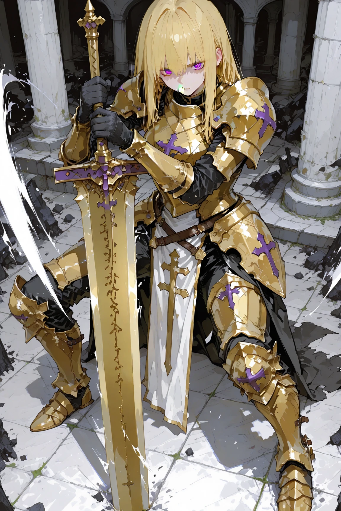 Two Handed Slash Knight girl, Golden Armor, shining golden sword, two-handed giant sword ...