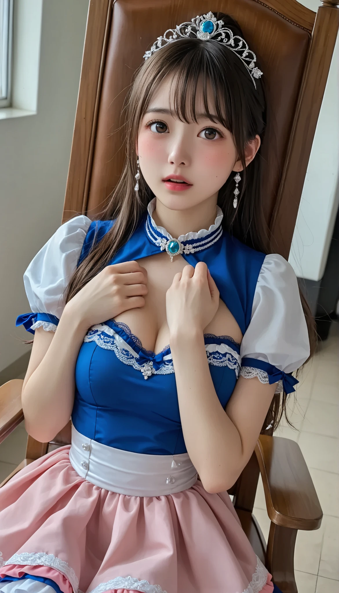 exists,  Small beautiful breasts、((   jacket on the throne    )) , ((raise my bra and show me my :1.3))、((  slender body line、curvy body))、   Table Top  、(( Small beautiful breastsを見せて:1.2 ))、    female middle school student  、((とても官能的なfemale middle school student))、   Problematic expression    、   ((cute idol dress costume))  、((bold pose in the changing room))、((    specializes in embarrassing expressions:1.trong blush ))、  Attractive、  open my mouth a little bit to seduce me  、   ((her breasts are sticking out of her breasts:1.4)) 、、(   angle、 She is looking up )、glass、(constricted waist、tight waist)