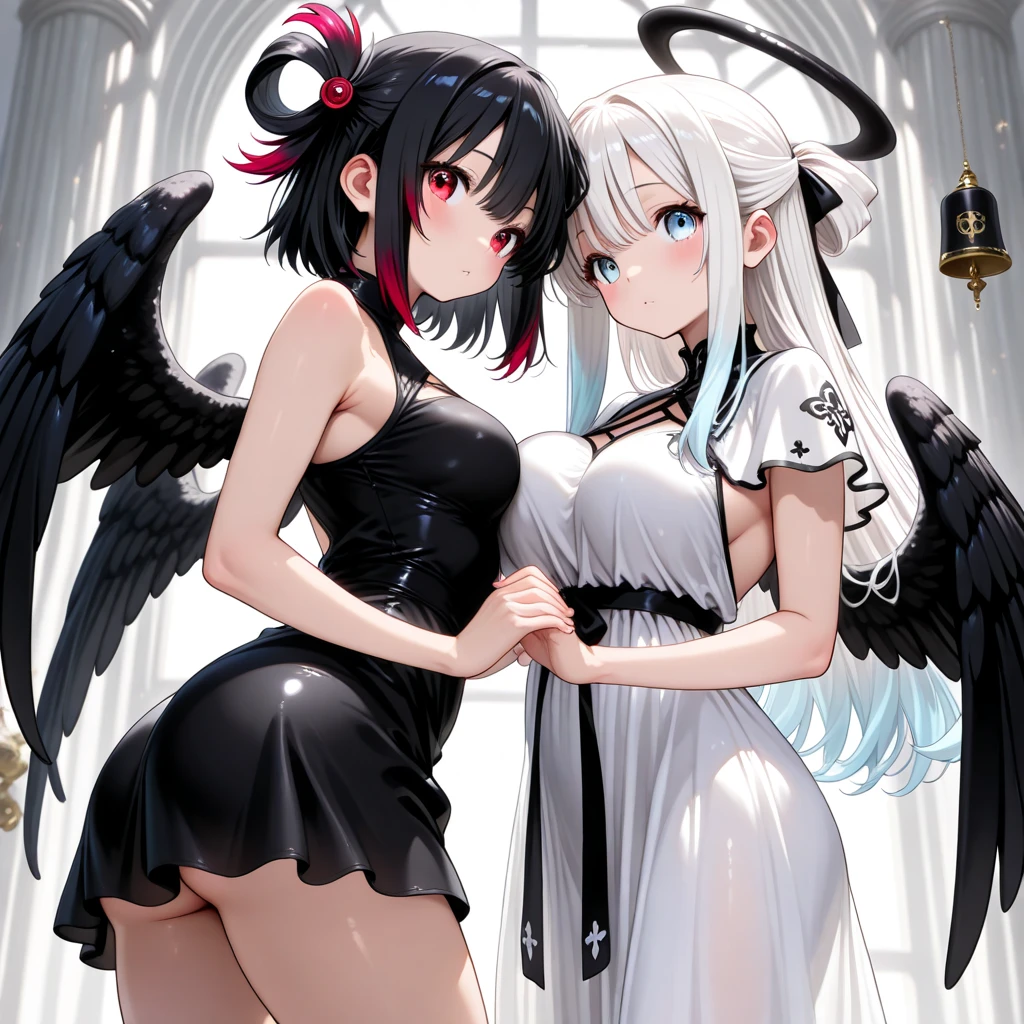 beautiful, masterpiece, Highest quality, anime, One girl, C Cup,Portrait Shot, View your viewers, Intricate details,>,((Covered、Short Hair、nearby、Blue Eyes、art、、White hair,Blue streaked hair、wallpaper、、white_gloves、hairpin、smile、Angel、Thighs、Halo、Wolf Hair、camisole、Prone、Nipples