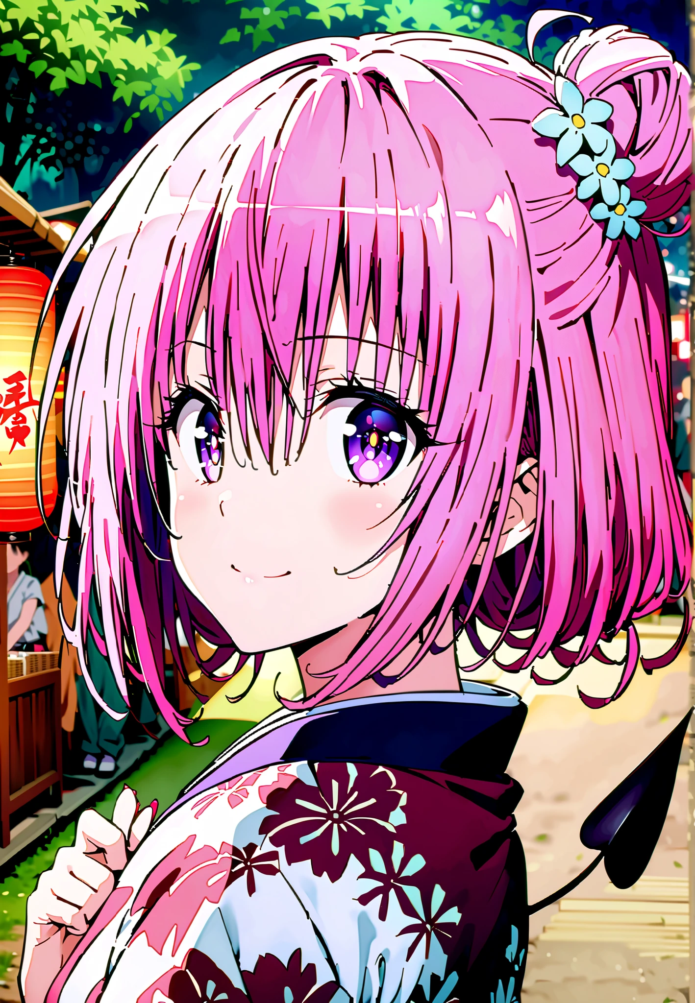 Momo Devil, Momo Deviluke, solo,Demon Tail, hair flower, hair ornament, purple eyes, Picnic, smile,cover,close your mouth,side lock,single bun hair,Nape,Medium breast,Pink floral kimono,standing,Red Lantern,Japanese stalls ,Light up fireworks,night,crowd,full bodyがillustrationsに入るように,break outdoors, Japanese Festival,
break looking at viewer,full body,
break (masterpiece:1.2), Best Quality, high resolution, Unity 8k 壁紙, (illustrations:0.8), (beautiful detailed eyes:1.6), extremely detailed face, so that it fits into the illustration, Extremely Detailed CG, (perfect hand, Perfect Anatomy),