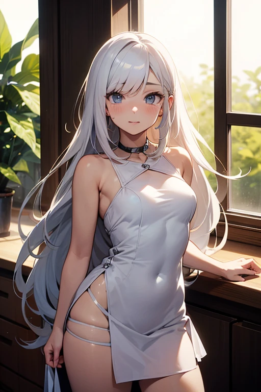A girl with long silver hair, pronounced cleavage, white gauze skirt, delicate face, perfect body proportions, thin waist, slender legs, milky skin, blushing, embarrassed, head down