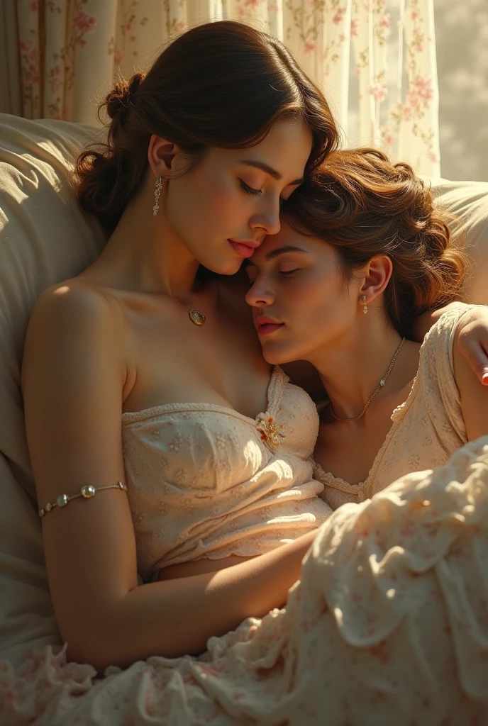 masterpiece, expressive eyes, photo, miley cyrus and bryce dallas howard in one person, topless, teenage girl, dress in baroque style, golden ornaments, ultra detailed face, tattoos of baroque ornaments with little diamonds, jewelry, very detailed background, lot of ornaments, candle light, ultra realistic, realistic faces, diadem, ultra realistic skin, lying on bed, lesbian, having sex, orgasmic face, collage