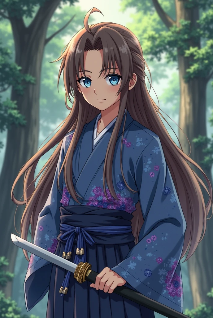 A japanese anime style average heighted boy with very long brown hairs and blue eyes. Wearing japanese traditional clothes with blue and purple designs. Holding a katana in his hands. And standing in a forest