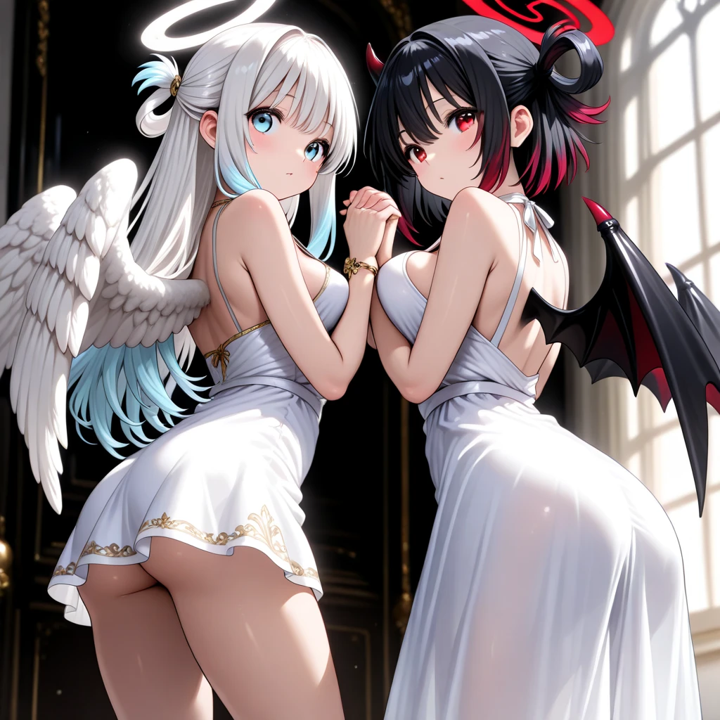 ((((masterpiece,HighestQuali,Real light and shadow,Manga illustration,intricate detailes,Ultra clear wallpaper)))),twins,2 girls look at each other,An angel with white wings and halo wears a white dress,A devil with black dragon wings and a tail wearing leather underwear,Wings,