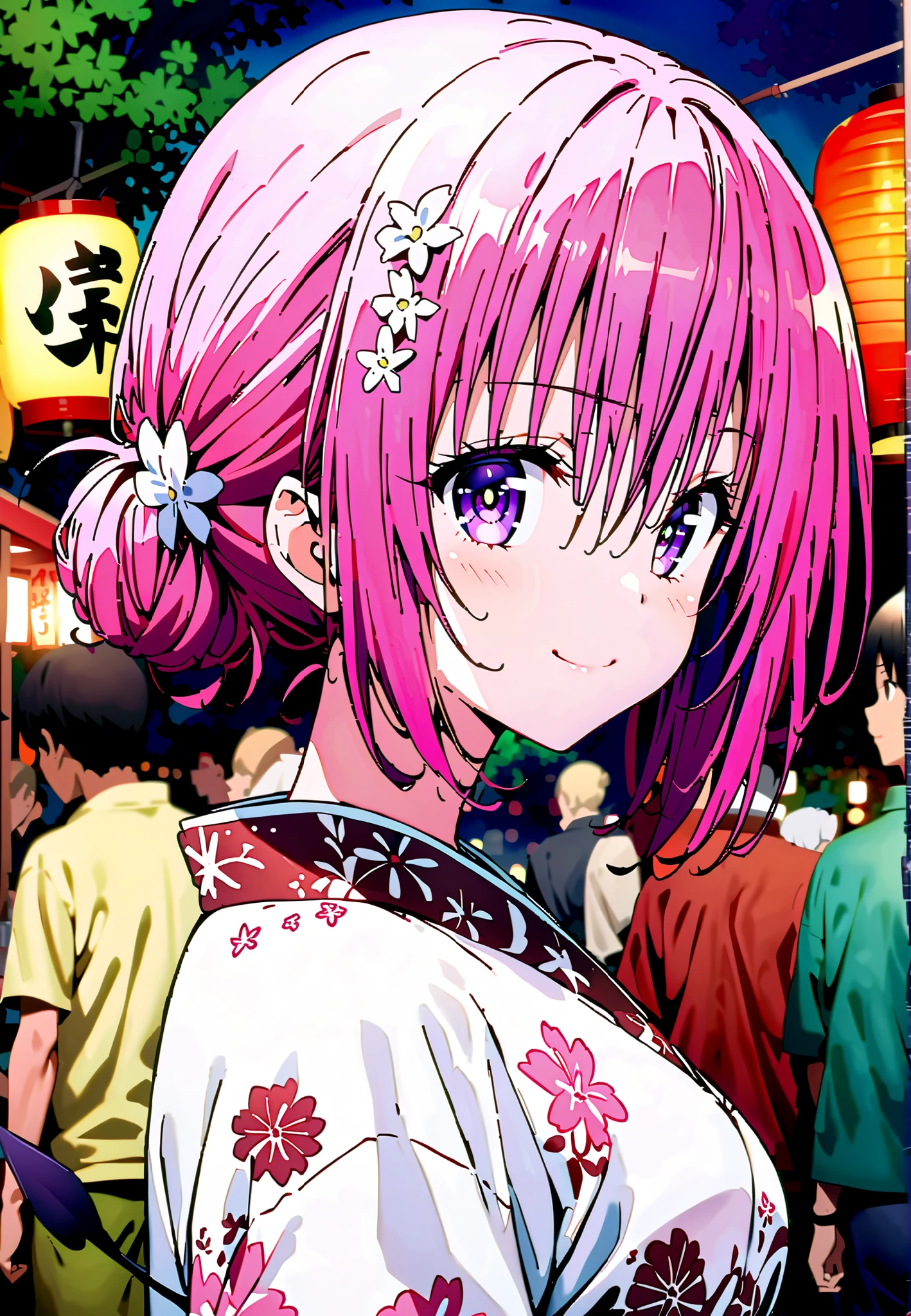 Momo Devil, Momo Deviluke, solo,Demon Tail, hair flower, hair ornament, purple eyes, Picnic, smile,cover,close your mouth,side lock,single bun hair,Nape,Medium breast,Pink floral kimono,standing,Red Lantern,Japanese stalls ,Light up fireworks,night,crowd,full bodyがillustrationsに入るように,break outdoors, Japanese Festival,
break looking at viewer,full body,
break (masterpiece:1.2), Best Quality, high resolution, Unity 8k 壁紙, (illustrations:0.8), (beautiful detailed eyes:1.6), extremely detailed face, so that it fits into the illustration, Extremely Detailed CG, (perfect hand, Perfect Anatomy),