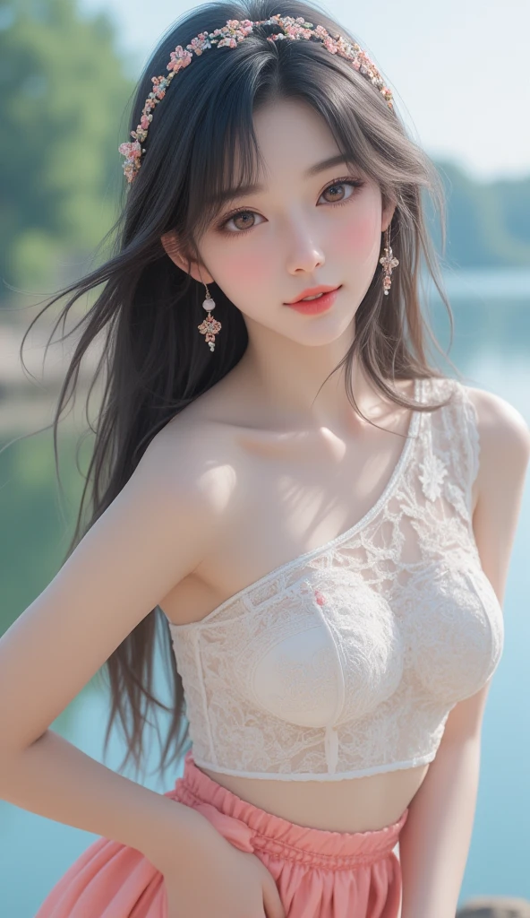 (8K, RAW photos, realistic:1.25) ,whole body, ( lip gloss, Eyelashes, glossy side, glowing skin, best quality, ultra high resolution, depth of field, chromatic aberration, caustic, wide light, natural shadows, kpop idol) Watch your audience with serenity and goddess-like happiness.,