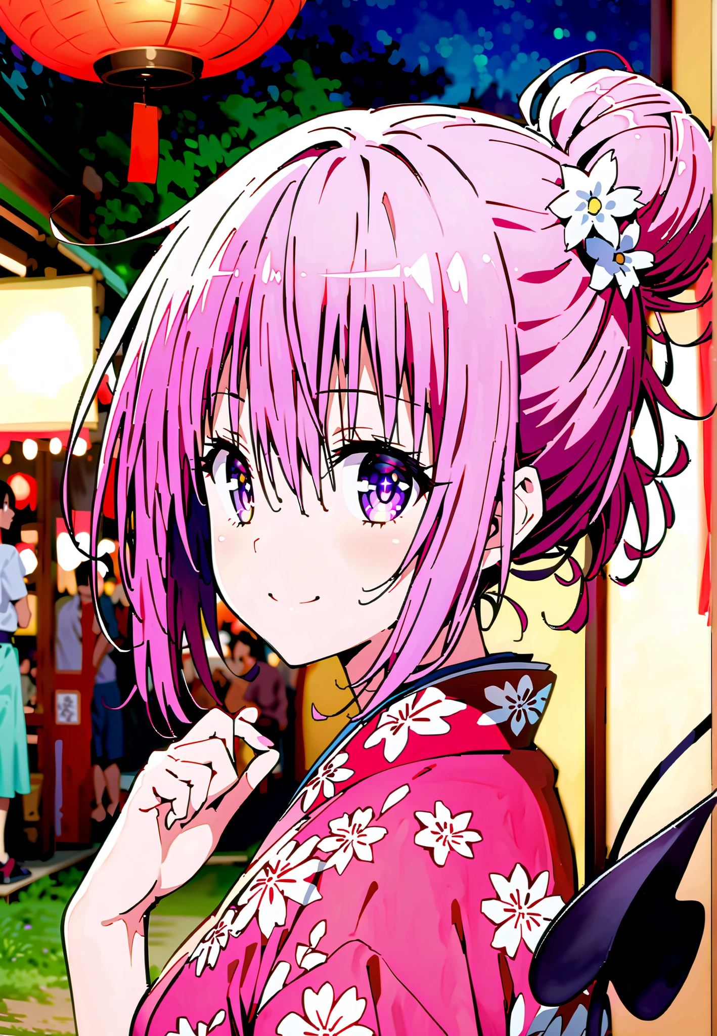 Momo Devil, Momo Deviluke, solo,Demon Tail, hair flower, hair ornament, purple eyes, Picnic, smile,cover,close your mouth,side lock,single bun hair,Nape,Medium breast,Pink floral kimono,standing,Red Lantern,Japanese stalls ,Light up fireworks,night,crowd,full bodyがillustrationsに入るように,break outdoors, Japanese Festival,
break looking at viewer,full body,
break (masterpiece:1.2), Best Quality, high resolution, Unity 8k 壁紙, (illustrations:0.8), (beautiful detailed eyes:1.6), extremely detailed face, so that it fits into the illustration, Extremely Detailed CG, (perfect hand, Perfect Anatomy),
