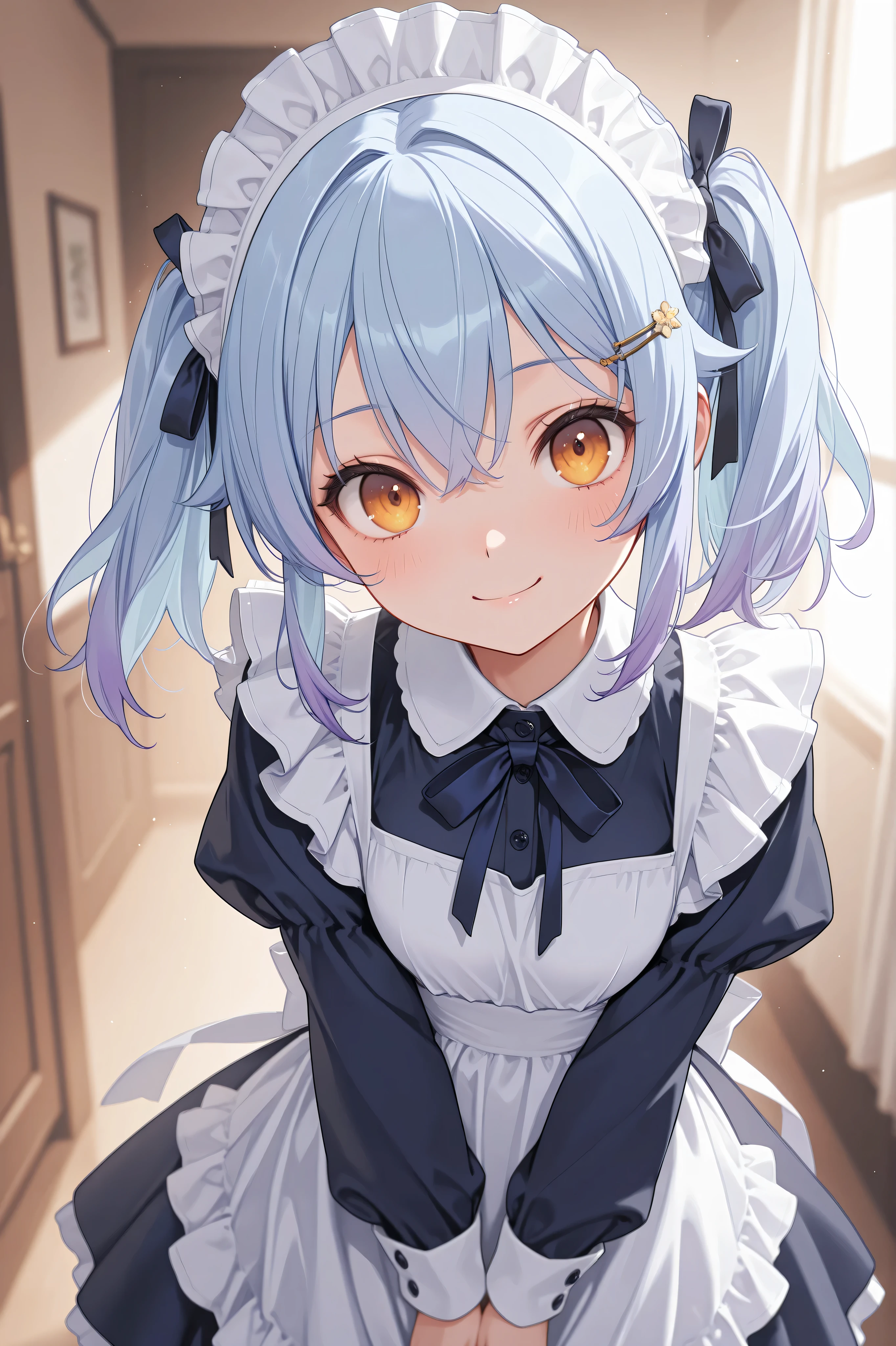masterpiece, Best Quality, best image quality, 8K, girl, focus on upper body, short hair, TWIN TAILS, (beautiful light blue hair)), ((purple hair tips )), gradation, amber eyes, beautiful eyes,hairpin, smile, Navy Blue Maid Clothes, black tights,full body