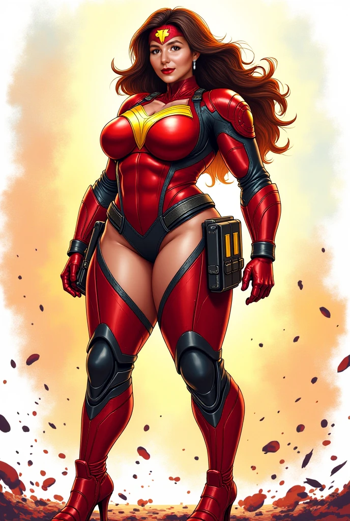 (masterpiece, top quality, best quality, official art, beautiful and aesthetic:1.2), (1girl:1.3), brown hair, braid, extremely detailed, portrait, looking at viewer, solo, (full body:0.6), detailed background, close up, mischievous eyes, (warm city superhero theme:1.1), (((reaching out, incredibly long arm, rubber arm, stretched arm))), pleasant smile, brunette, aquiline nose, green eyes, braid, ((gigantic breasts)), (thin), athletic, superhero. Wearing a sleek, satin (high-neck) (sleek white and red striped bodysuit), ((red sleeve stripes, red leg stripes)), (white sides, red center), modest, fully-covered, long red gloves, long red boots, slim waist, slim hips, long legs, modern (city street exterior:1.1) detailed background, bright optimistic lighting, shadows, magical atmosphere, dutch angle