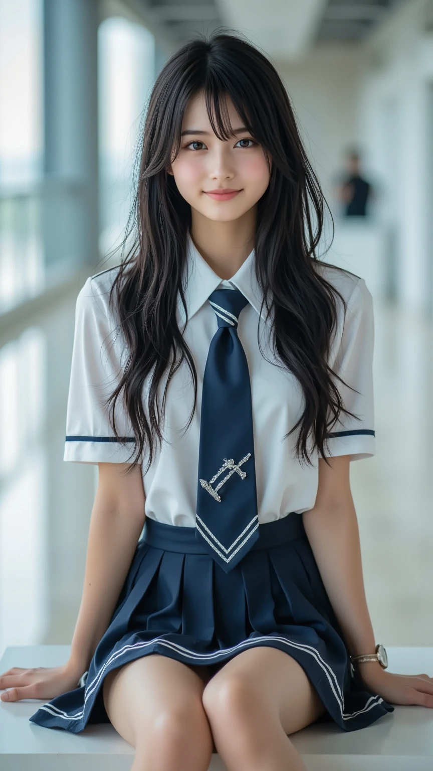 (masterpiece, Highest quality:1.2), 8k, Young and beautiful girl, 85mm,Official AR RAW Photos, Baby Face、Big Breasts、Show me your ears、Open your legs、photo shoot, Cute Face, Thighs, field, Looking at the audience, Embarrassing、smile、Flip up your skirt with both hands、See-through light blue panties, no makeup, Film Grain, chromatic aberration, Sharp focus, Face Light, Bright lighting, 10 generations, Detailed face, Background blur、((((((13-year-old junior high school student))))))、Narrow waist、Brother Clothes、Navy blue mini skirt、