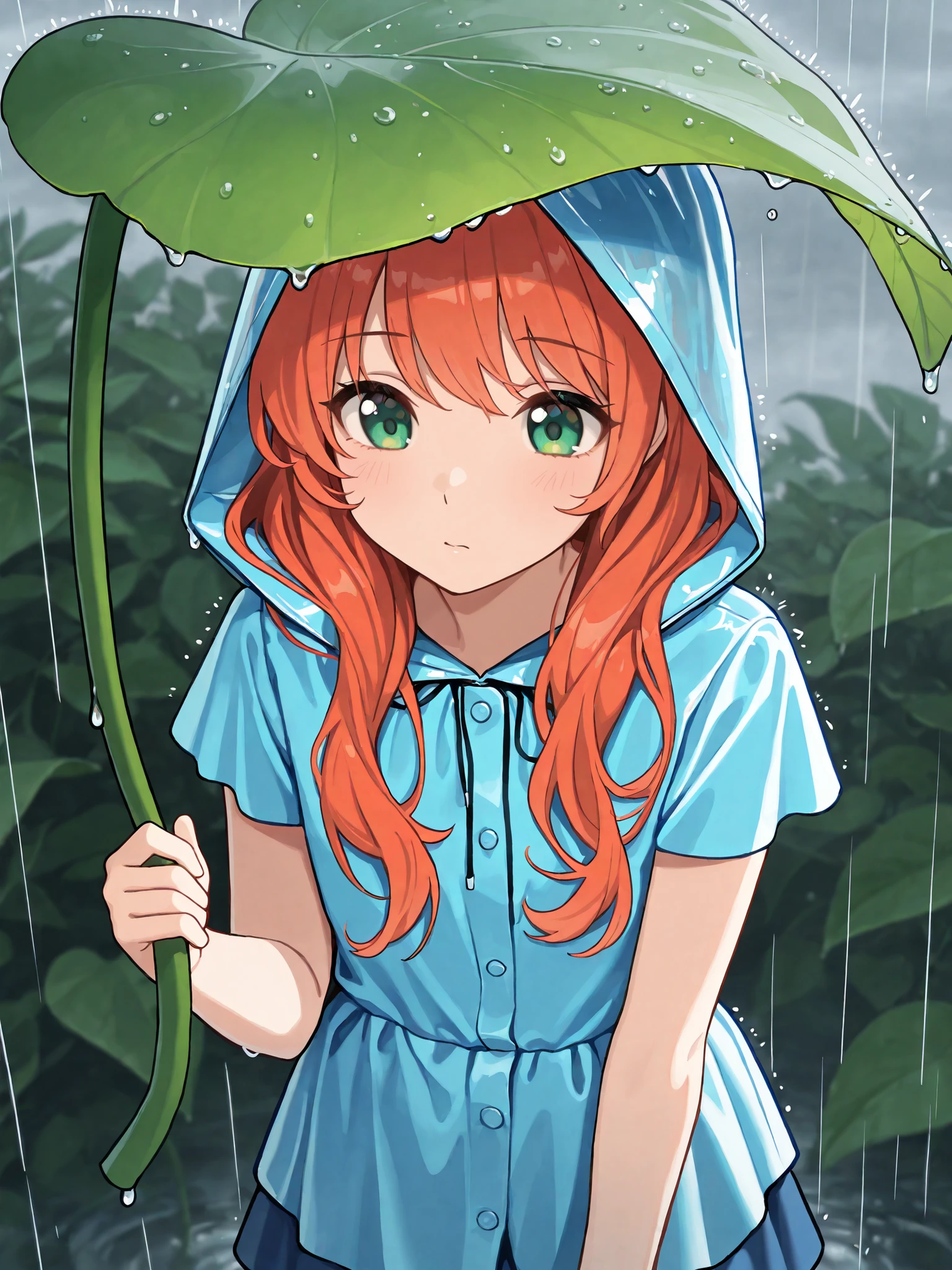 (masterpiece), Best Quality, completely complete, solo, small, Light color,
semi-long hair, wave hair, short bang, Gold, green eyes, Flat chest, Rainy Day, (raincoat:1.2), (Blue Short Sleeve Blouse :1.4), (blue miniskirt), leaf umbrella, Ultrafast air flow, close-up,shortcuts below eyes,