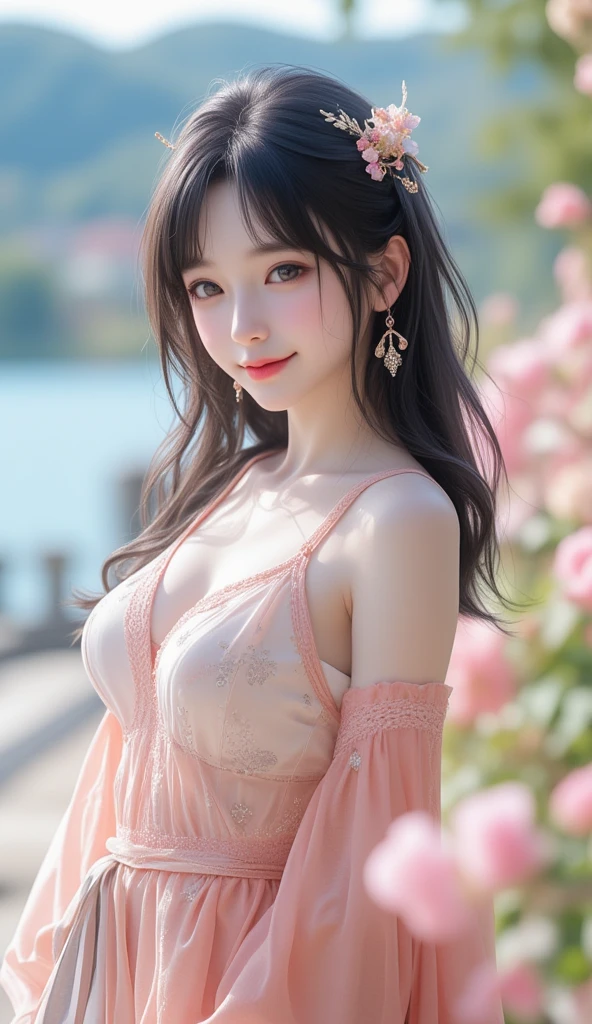 RAW photo, (highest quality, Masterpiece :1.2), (Complex Detail :1.4), (Photo :1.4), Octane render, Super Detailed Complex 3D render, Edge Light, Vivid Detail, Super Detail, (Erotic, Sexy, Ultra High Definition, High Definition CG Unified 8K Wallpaper, Physically Based Rendering, Film Lighting), realistic skin texture, detailed face, beautiful detailed eyes, very detailed CG Unity 16k wallpaper, compensation, (detailed background :1.2), (whole body :1.5), (Glossy skin :1.5), (Oily skin :1.5), collarbones (large), realistic eyes and facial details, full lips, lip hooks, (compensation), 1 girl, Double ponytail hairstyle, looking at the audience, (supersize breasts), smiling, (Wear pink sheer lace underwear and pink lace suspenders), (I can see your panties), looking at the camera with a confident expression, Standing on a outdoor crowded street, sunny, flowers and plants, long shot