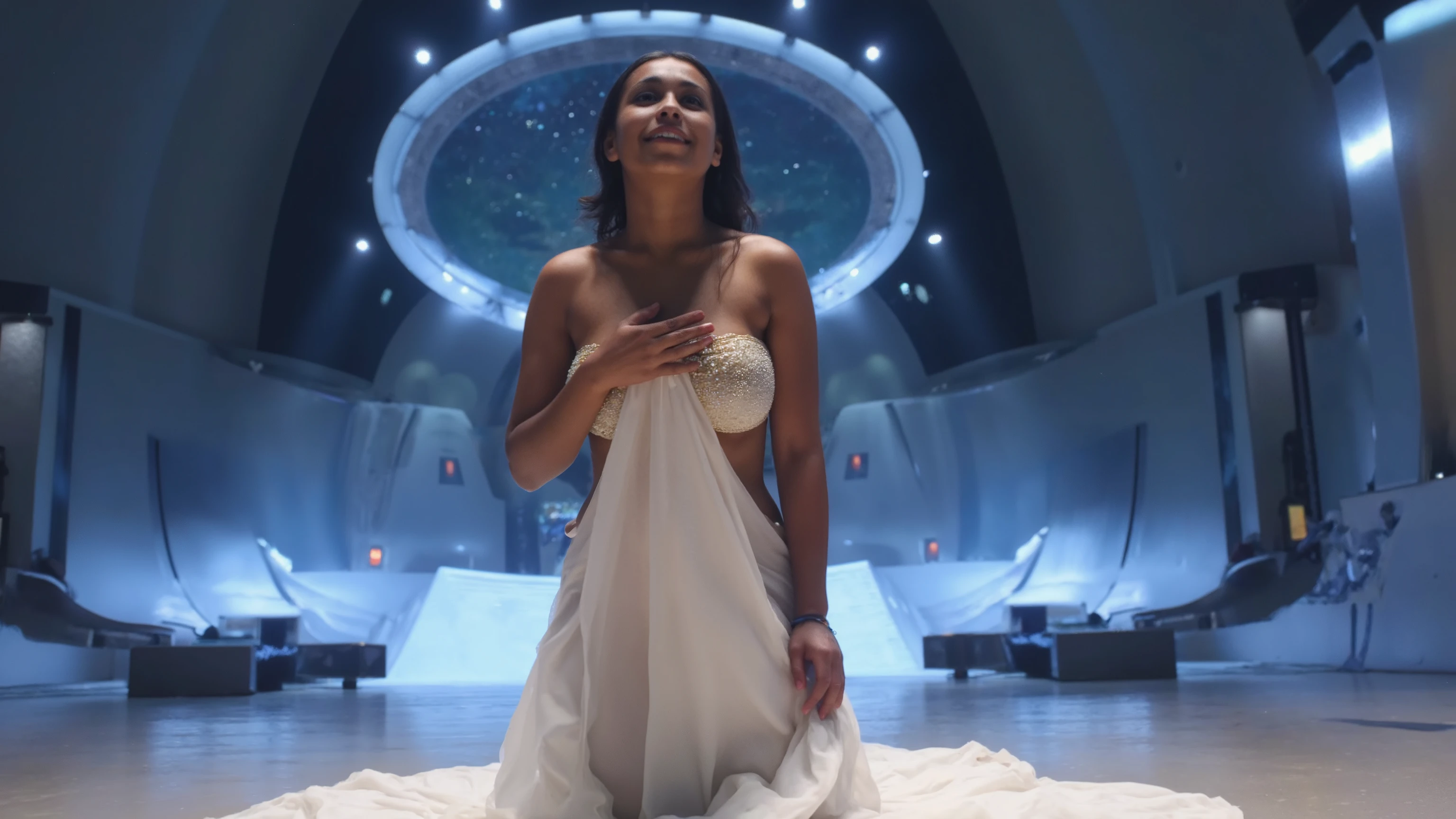 Photo of a dark skinned woman draped in white ritual cloth with gold accents, perfect body, futuristic religious, religious setting, futuristic setting, ritual, interstellar, occult, ritualistic, analogue film, film grain, Kodachrome, intricate details, insanely detailed, natural lighting, ray tracing, 16k, UHD, HDR, photorealistic, cinematic, masterpiece, award winning, Fine art photography style, film photography style, surreal atmosphere