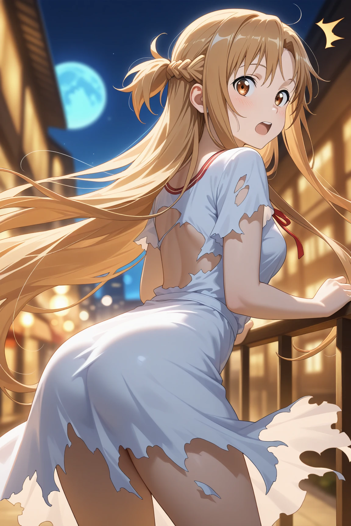asuna,STAR, crown half up hairstyle,, Perfect female body, woman, happy, large breasts, peach pink pupils, dress shirt, translucent fluttering skirt, brown Clothes, dusk, dusk sky, sunset,Big Breasts、Only one woman、Low - Angle