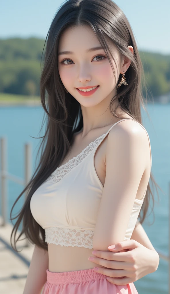 masterpiece,real photos,(solo) Real light and shadow，HDR backlight，Contour light，Shallow depth of field，reddish brown long straight hair，Elegant Chinese beauty,smile,Dancing by the lake, Wearing a strapless cardigan dress，The light reflects on her skin，The breeze blew her face，Surrounded by cherry blossom trees，petals flying everywhere，The skirt is flying and rhythmic， wild-angle view