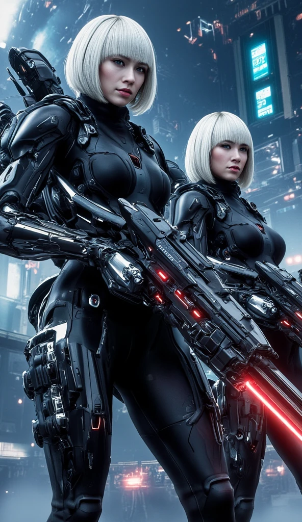 there is a woman holding a gun in front of a group of people, white cyborg fashion shot, animation film still, bluray image, by Alexander McQueen, angel in plastic armor, movie still of the alien girl, rednered with raytracing, cybergods --ar 16:9 --auto --s2