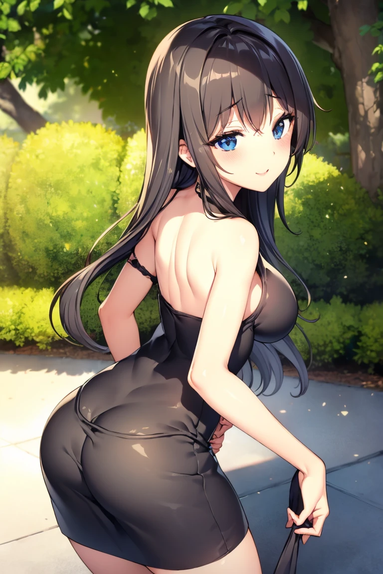 master-piece, bestquality, 1girls,16 years old, View viewers from behind, HD, slight smile, big tits, cleavage, tiny body, wide hips, yamadaryou, sexy colorfull suit, garden, extra tight cloth, slim waist, (grabbing own ass), big ass, see girl from behind, leaning forward,