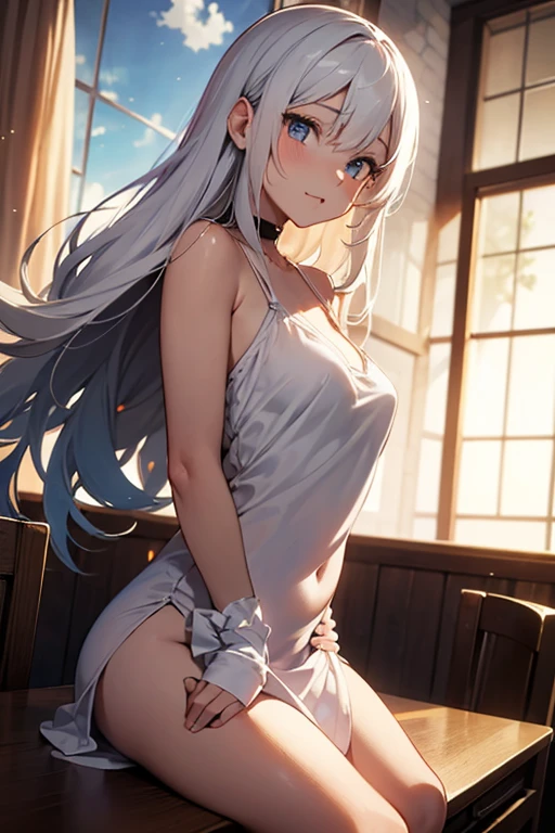 1girll，NSFW，white swimwear，比基尼，Bare belly，Long messy hair，short transparent dress，see-through sleeves，A lot of smoke，Exquisite，Elegant colors，high detal，tmasterpiece，ultra - detailed，dynamic angle，Mural background，astounding，cinmatic lighting，illustratio，lightand shade contrast，The light from the back window is backlighted，God Ray，Best quality at best，Best quality at best