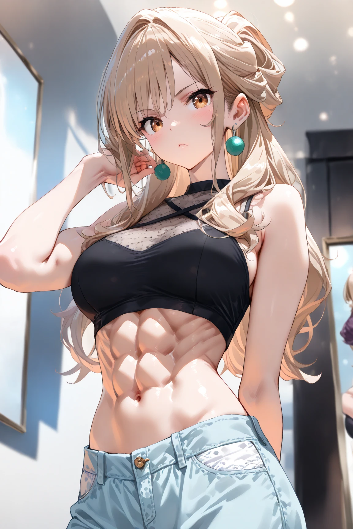 ((masterpiece, best quality)), very aesthetic, ultra detailed, intricate details, highly detailed, UHD, HDR, 8K, perfect face, 1girl, mualani, genshin impact, standing on cafe, (newest anime art style), fit, ripped, abs navel, abs lines