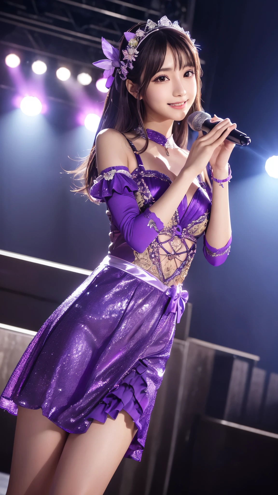 master piece、Ultra high resolution photo quality、cinematic camera work、Video of the entire stage、long shot、modern japanese strip theater、wide stage、wide seat、mature actress、Mayu Minami、long face、big droopy eyes、tear bag、thick eyebrows、flushed cheeks、familiarity、Funny Face、very beautiful Japanese female dancer、athlete、glamorous、very sexy、Very long and beautiful strong arms and legs and beautiful abs、Fair skin、Her fine skin is very beautiful、Sweat、beautiful bright smile、healthy、kind、Noble、refinement、kind、mild、raise one leg、active pose、yoga、gorgeous beautiful dress、Beautiful stage costumes、Dramatic and gorgeous beautiful lighting、Spotlight、Laser beam、smoke effect、clear acoustics、round table stage、body chain、