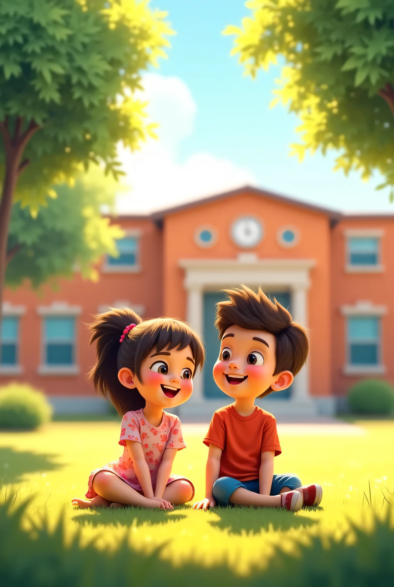 Make me a picture of a boy and a girl sitting in the school yard in a sunny weather and they are happy