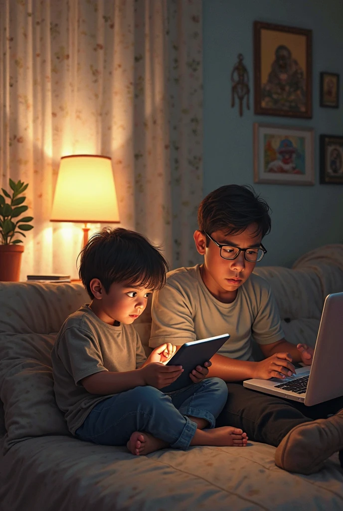 A boy head down on a stydy table with laptop and boy was sleep . The angel of boy is back side . Dark room and only the laptop's light comes . 