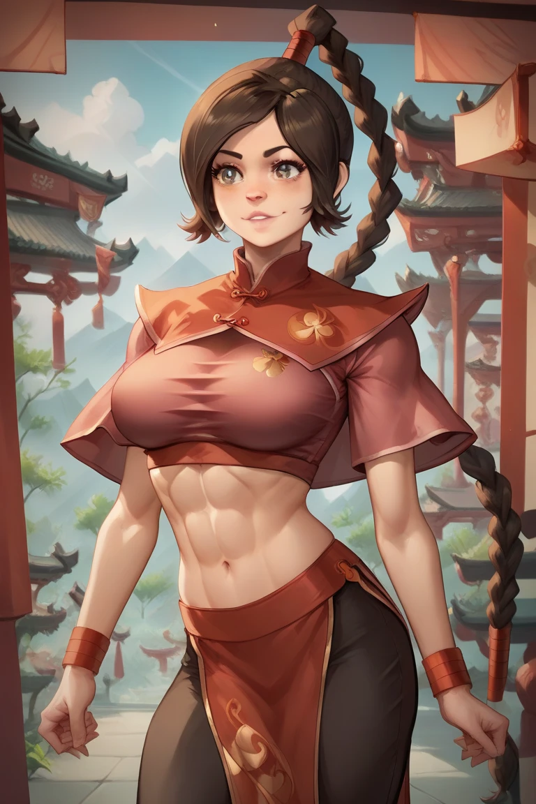 ultra-realistic 8K CG, masterpiece, ((ultra detailed background, fine drawing, intricate details, high detail, better quality fine details, hyper-detailed face)), (photorealistic: 1.4), beautiful lighting, absurdity, RAW photo, film grain, TyLee, 1girl, solo, brown hair, braid, smile, long hair, brown eyes, navel, belly, braided tail, (short shorts, wet shirt), (medium breasts, slim girl, wide hips, ass), squats, spread legs, ((complex detailed background, outside, medieval background, blue sky, tavern)), erotica, wet skin