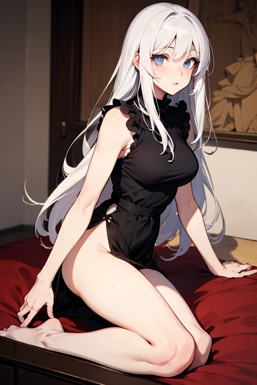 ((2D Beautiful Girl、top-quality: 1.2、perfect fingers: 1.2、perfect anatomia: 1.1、Perfect outfit、face perfect: 1.1、Beautiful illustration))、(Transformation Sequence)、(long sleeve cheongsam leotard)、14years、Solio、A Princess、Fractal art、a baby face、((Straight Long Hair))、(Slender and beautiful legs)、Large sagging eyes:1.1、(long shot shot、full body photographed、shot from front)、(1 persons)、Red in the face and embarrassed、Beautiful bedroom with night view、Canine ears、