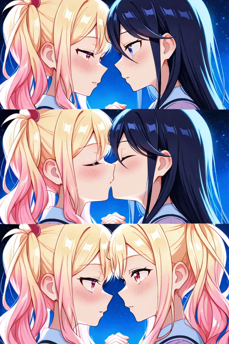 ((extremelydetailedCG)),((8K_Wallpaper)),(((masutepiece))),((top-quality)), ((Couple in love)),  The two are kissing、Has characteristic movements and power, Playfulness and dynamic, With vivid colors and exaggerated expressions. While maintaining overall uniformity、Incorporate elements from each anime world、