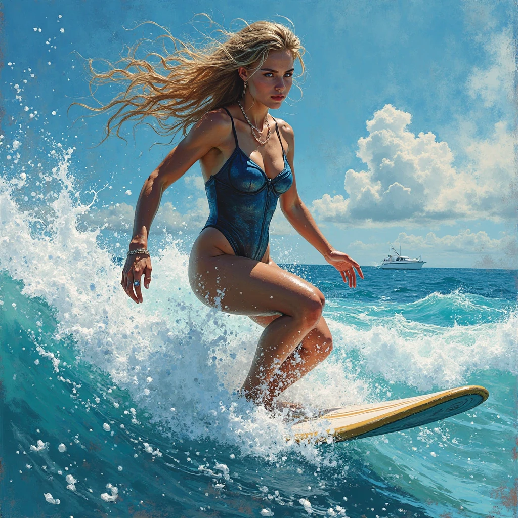 masterpiece, extremely detailed, <lora:Jean-Baptiste-Simeon Chardin Style:1> Jean-Baptiste-Simeon Chardin Style, detailed painting of a distinguished young woman riding a surf board on the ocean, huge wave, fun, action shot, paint strokes, canvas texture