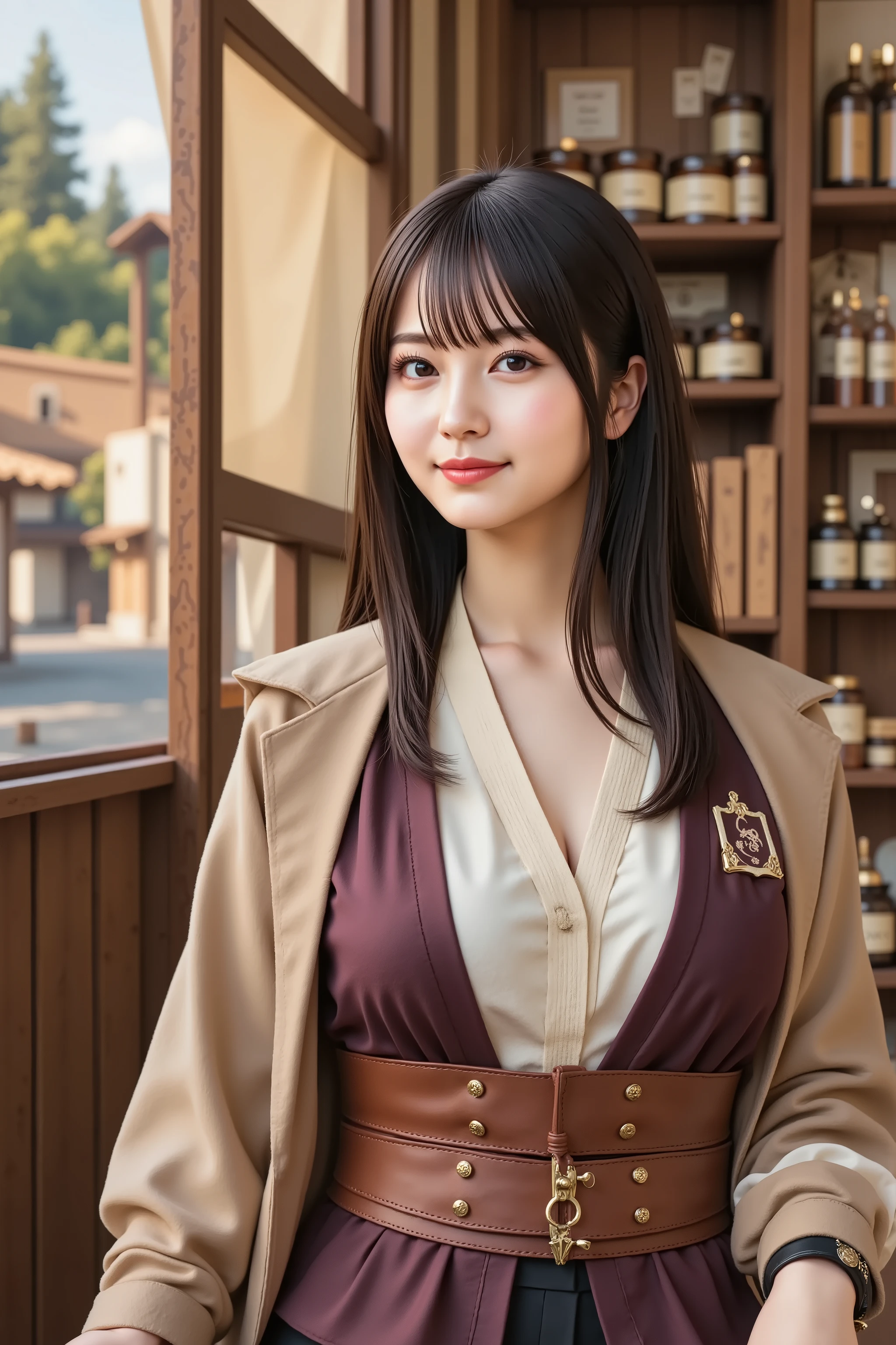 sakura, huge breast, Cleavage, a highly detailed, ultra-realistic digital illustration of a beautiful young Asian female merchant standing confidently inside a well-equipped horse-drawn trade wagon traveling through a rugged mountainous forest, inspired by classic fantasy RPGs. She is captured in a medium close-up shot, ensuring her entire head is visible with appropriate headroom while focusing on her from the thighs up. Her long, flowing black hair is slightly tousled and tied back in a practical low ponytail, with loose strands and delicate bangs framing her bright, calculating face. Her sharp, attentive eyes gleam with the golden reflection of daylight filtering through the wagon’s canvas flaps, and her expression is confident, composed, and business-savvy. She wears a classic yet stylish merchant's outfit—featuring a tailored, earth-toned jacket with brass buttons over a cream linen blouse, the neckline modest but neatly laced. A rich burgundy vest with subtle embroidery and a wide leather belt equipped with coin pouches, ledgers, and a sheathed dagger wraps around her waist. Her dark trousers are tucked into sturdy leather boots, perfect for long travels. Faint dust and light creases on her gloves and clothes hint at a well-traveled life. One hand rests on an open ledger filled with detailed trade records, while a small ornate lockbox filled with gleaming coins and rare gems sits beside her. The background reveals the cozy, packed interior of a traveling merchant's wagon—wooden shelves stacked with exotic goods, bolts of fine fabric, potion bottles, spices in jars, trinkets, and maps pinned on a corkboard. The canvas walls are drawn open slightly, letting in filtered forest light and revealing wheels turning over a dirt path. Soft creaks of wood and the distant sound of horse hooves add a sense of motion, while warm light bounces off brass fittings and colorful wares, creating a vibrant yet lived-in feel. The entire scene captures the ambition, charm, and adap