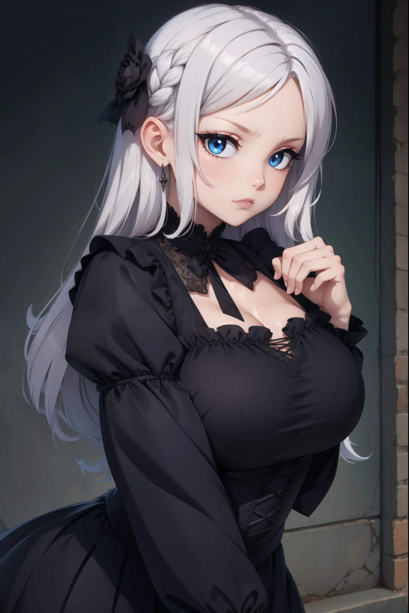 (best quality,high resolution:1.2),Super detailed,actual:1.37,a sexy, Mature and beautiful lady wearing black royal robe, Comes with lace lingerie, showing her angry expression, Close-up of her breasts, white hair, red eyes, and exposed her underwear