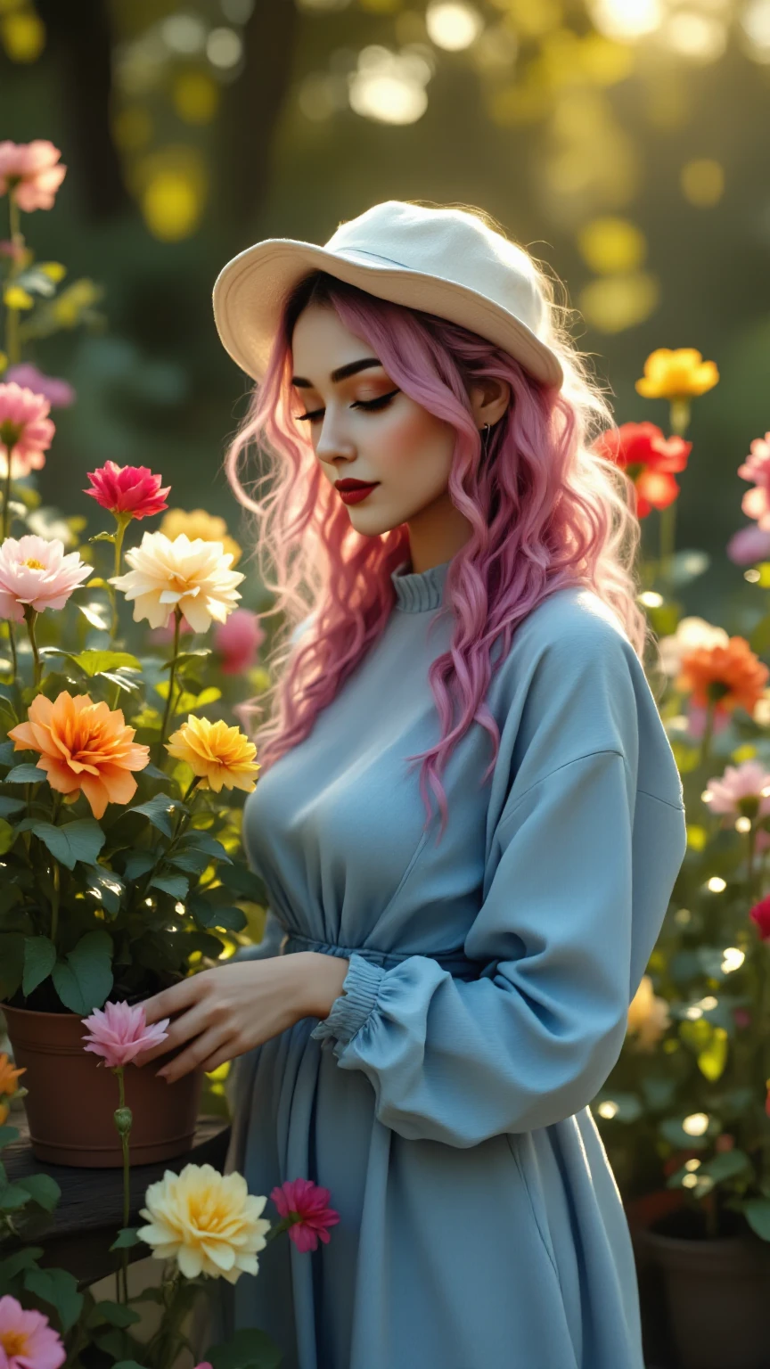 A woman with a gentle figure,big , sky blue dress,Holding a sprayer and watering a flower pot,Realistic 3D Rendering,고화,expert level,precise description,live-action, rich texture ,Natural light,Golden Time,Bright garden background, Calm Atmosphere,delicate expression,gentle posture for the petals,Relaxed behavior,Vibrant plants,Detailed texture description,High quality illustration
