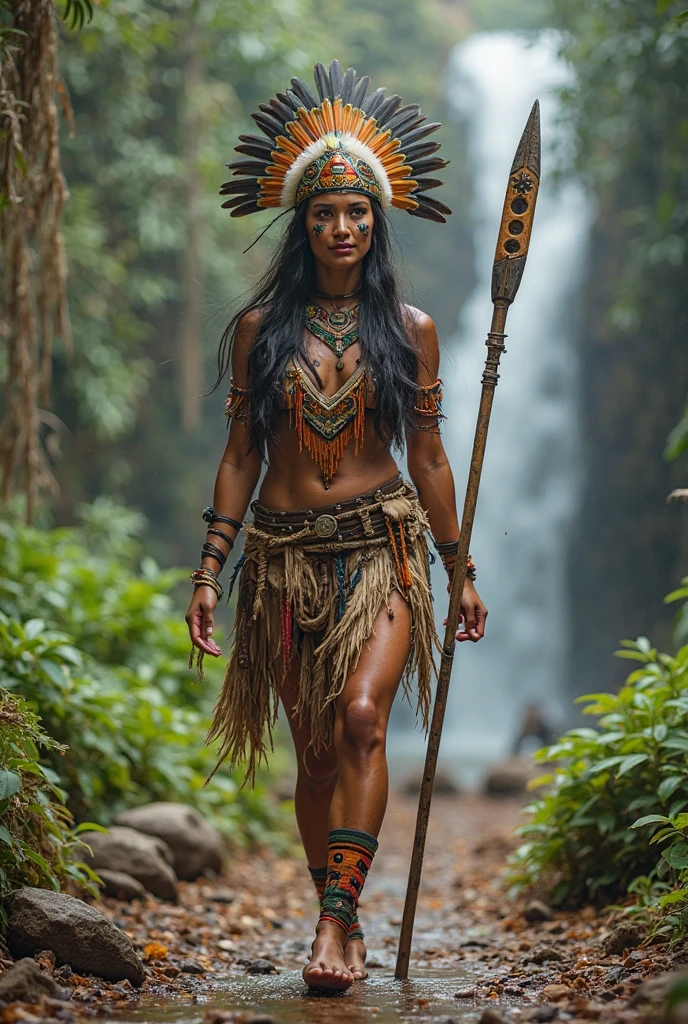 -yeld gifrom an Indian tribe，Wears a crown of feathers，holding a bow and arrow in his hands，Stand in the primeval jungle，Proud and cold，greys，low-saturation，chest circumference，Film lens light and shadow，Zbrush style，3D，C4D，Fine rendering，Many details