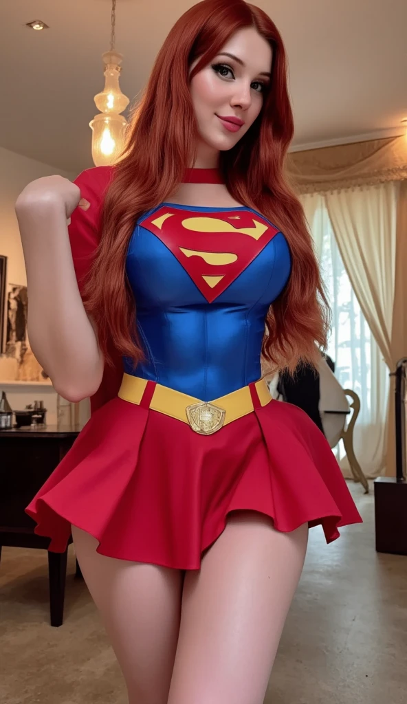 4k, realistic, charismatic, very detailed, there is a girl in the sky, dressed in a super girl costume, she is a super girl, superhero theme, blonde short hair, ponytail, 20 years, full body, (detail in the eyes), (detail in the face), incredibly beautiful, blue eyes, blush, makeup, ((red lipstick)), ((miniskirt)), (wide hips), (thick thighs), small breasts, dress,, seductive pose, (extreme hourglass figure), thin, svelte, white skirt, boots, ((tight t-shirt))