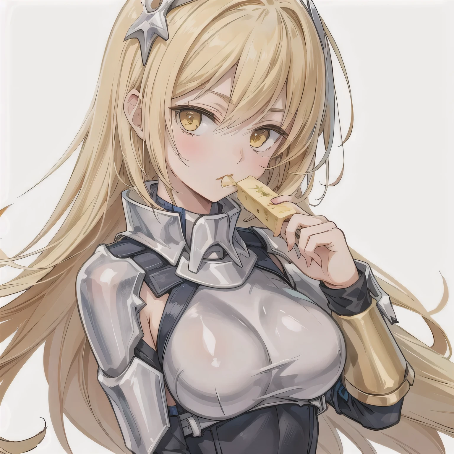 She is holding a banana with its peel partially removed, revealing the white fruit inside. She is eating the exposed white part. Blonde hair, long hair, yellow eyes.