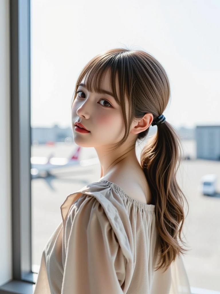 (masterpiece), (best quality, highres, highly-detailed, illustration), Skinny Japanese girl, 30 years old, 1girl, solo, city, contemporary, profile picture closeup, long hair, cute face, detailed face, brown eyes, beautiful detailed eyes, squatting, headphones, 8k, trending on ArtStation