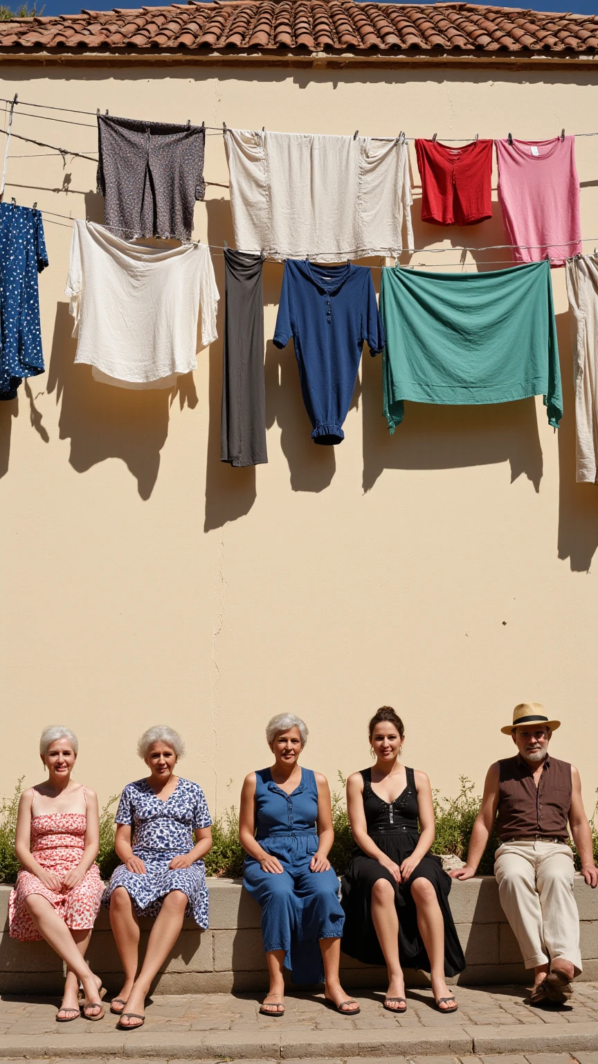 A group of elderly women in white stockings prop themselves against the wall with their butts up