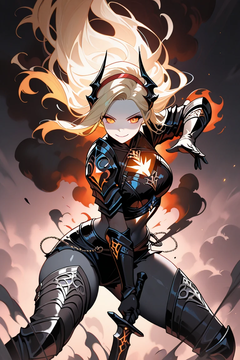Create a fantasy-themed portrait of a fierce and powerful female warrior with striking features. She has long, flowing platinum blonde hair and glowing red eyes that exude intensity and determination. Her pointed ears and angular features hint at an elven heritage, while her confident expression and bold, dark red lipstick emphasize her strength and charisma.
She is adorned in intricate, red, and black armor with metallic accents and detailed engravings. The armor covers her shoulders, arms, and chest, featuring a revealing design that showcases her strong physique. She wears matching red earrings that emit a subtle glow, adding to her fierce and enchanting presence. Her skin is fair, adorned with dark, mystical tattoos on her thigh and cheek, hinting at her magical prowess and dark allegiance.
The background is a dark, smoky environment with swirling red energy and embers, creating an ominous and dramatic atmosphere. The overall mood of the portrait should be intense, powerful, and captivating, highlighting the character's formidable nature and warrior spirit.