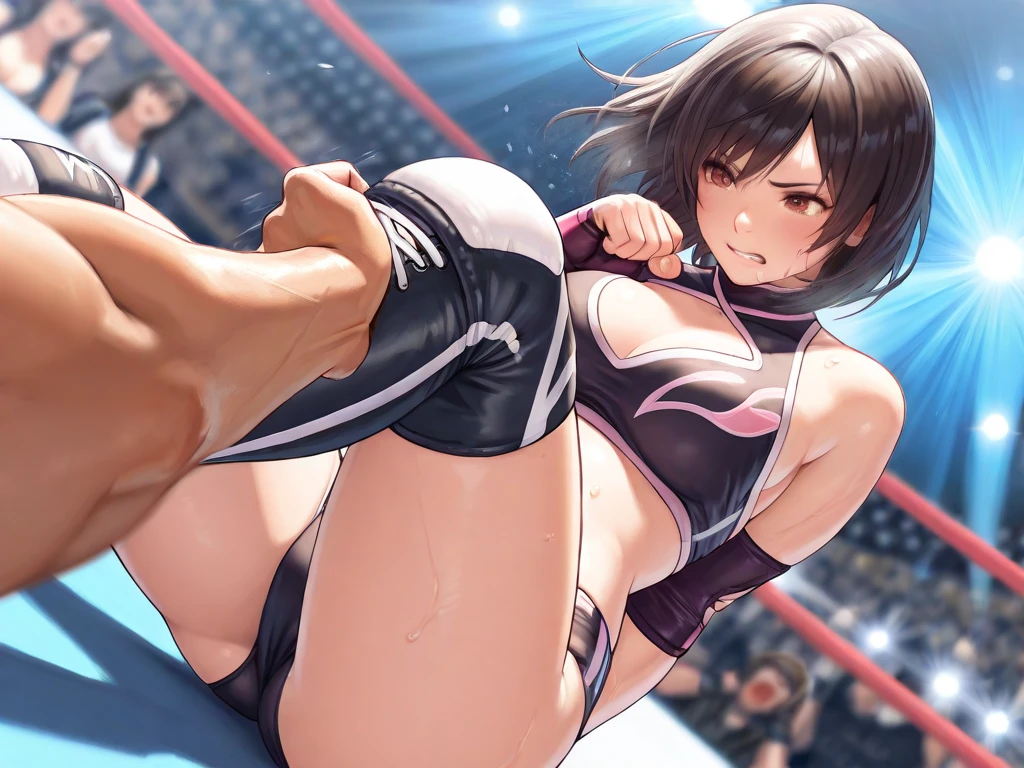 ((Highest quality)), ((masterpiece)), Perfect Face, 1girl, 24-years-old、adult、Tight waist、Rhythmic gymnast、Long ponytail、forehead, Black Hair、tusrime、((small eyes)), Pink eyes、leotard、High leg、gym、She is performing rhythmic gymnastics using ribbons.、Sweat, Dynamic Angle