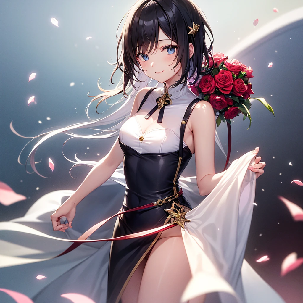 A woman with short black hair and pink-red eyes......Wearing a white dress.... Slim profile, Fair-skinned, large boobs, He blushed slightly......, Close your eyes and smile brightly........On Mobile, white flower