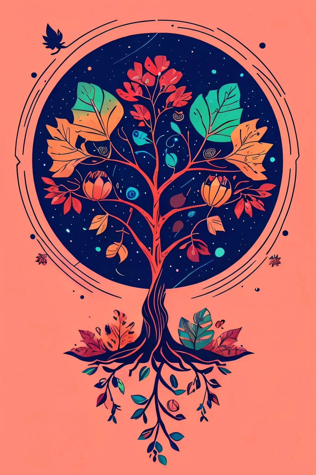 circular tree,four seasons,spring,summer,autumn,winter,leaves,roots,branches,trunk,ornate border,decorative,digital illustration,artwork,movement,time,swirling background,dark background,vibrant colors,natural,life cycle,growth,change,nature,life,peace,harmony,spirituality,symbolism,digital art,illustration,painting,graphic design,art,design,digital media,online art,visual art,fine art,fantasy