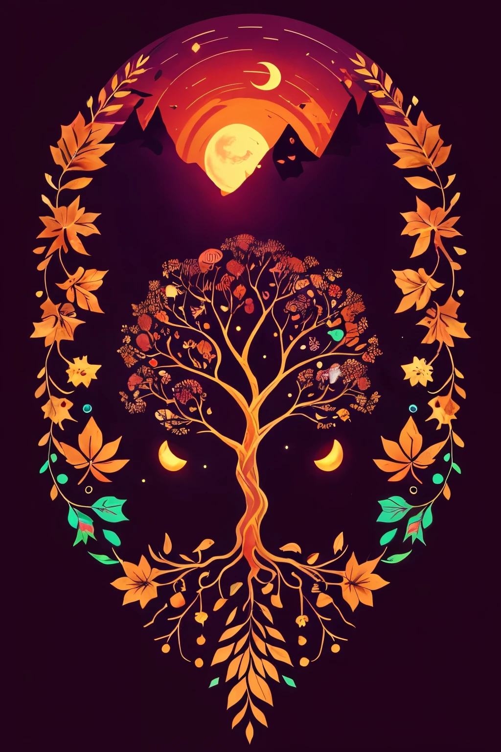 circular tree,four seasons,spring,summer,autumn,winter,leaves,roots,branches,trunk,ornate border,decorative,digital illustration,artwork,movement,time,swirling background,dark background,vibrant colors,natural,life cycle,growth,change,nature,life,peace,harmony,spirituality,symbolism,digital art,illustration,painting,graphic design,art,design,digital media,online art,visual art,fine art,fantasy