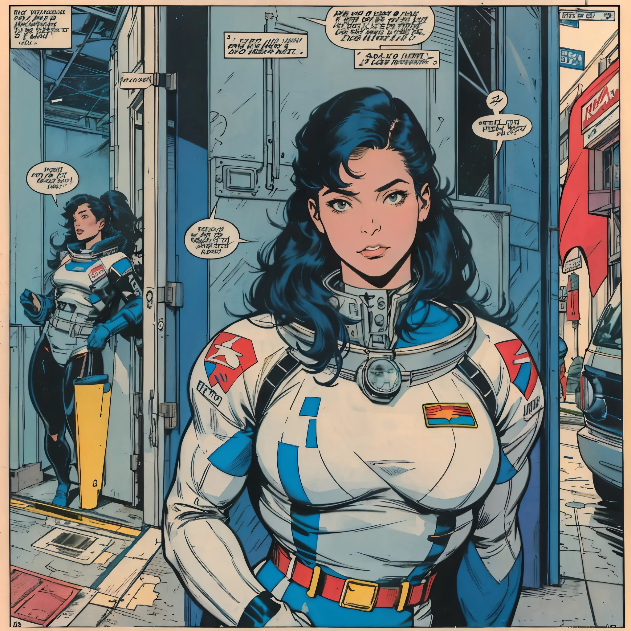 masterpiece,one perfect woman,Excellent sense,cleavage,advertisement,simple background,American Comics,Geometric pattern,city pop,cosmonauts,unlimited blutalism Requiem
